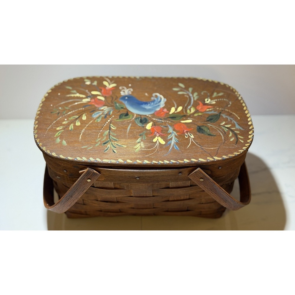 Vintage Hand painted Lined Wooden Basket Birds Flowers